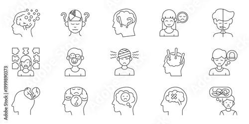 Vector illustrations exploring the complexities of human emotion, mental health, and psychological states with diverse thought process icons