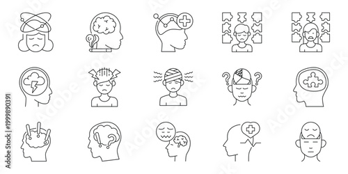 Extensive Line Icon Collection Illustrating Mental Health Conditions, Emotional Distress, Brain Function, Psychological Wellness, Stress, and Anxiety Issues