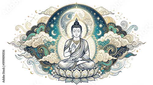 Meditating Buddha silhouette in ethereal flowing pastel waves.