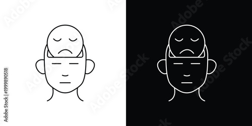 Conceptual vector icon illustration depicting a person's head with an internal sad face, symbolizing struggles with mental health, emotional distress, and inner turmoil