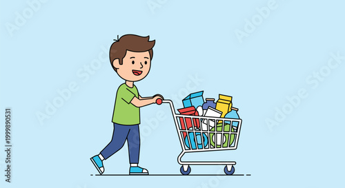 Happy cartoon boy pushes a silver shopping cart overflowing with a variety of healthy groceries and fresh food items.