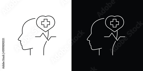 Single icon of head with a heart symbol and pulse line, symbolizing health and medical care, in black and white