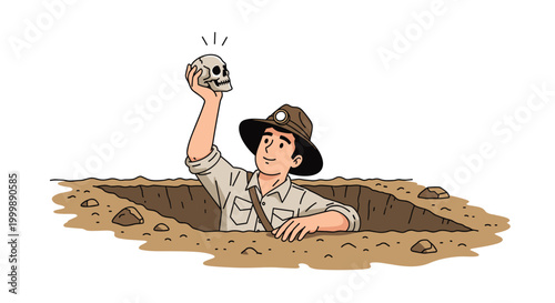 Adventurous archaeologist smiles from a deep excavation pit while proudly holding up a discovered ancient human skull.