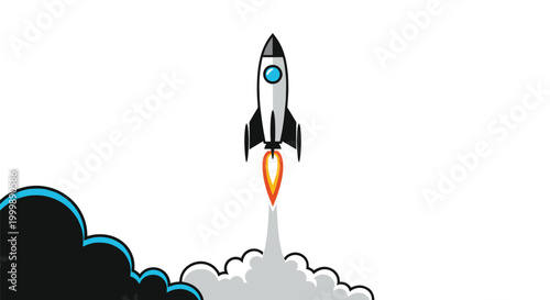 Rocket launch illustration shows a white spaceship blasting off into space with thick smoke clouds against a plain background.