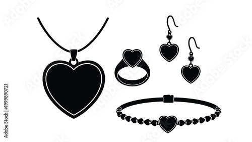 Black jewelry set including necklace ring earrings and bracelet silhouette