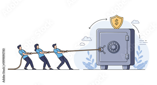 Team of office workers pulling a heavy rope to secure a giant metal safe featuring a protective gold dollar shield icon.
