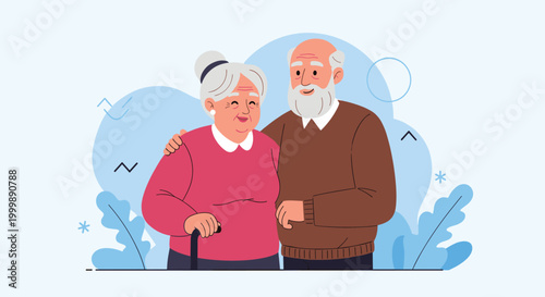 Senior man and woman standing together as a happy couple with the elderly woman holding a walking cane for support.