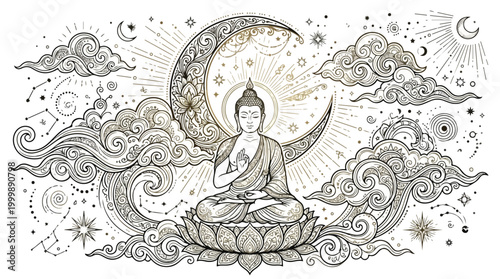 Minimalist Buddha Line Art Illustration in Meditation Pose.