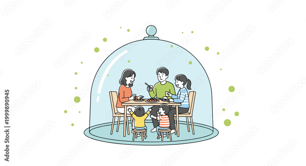 Fototapeta premium Family sitting together at a dinner table eating a meal while protected inside a large transparent glass dome shield.