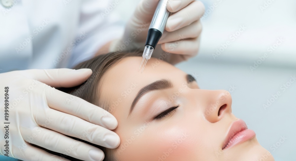 Naklejka premium Professional beautician performing microneedling facial treatment on a young womans forehead in a beauty salon