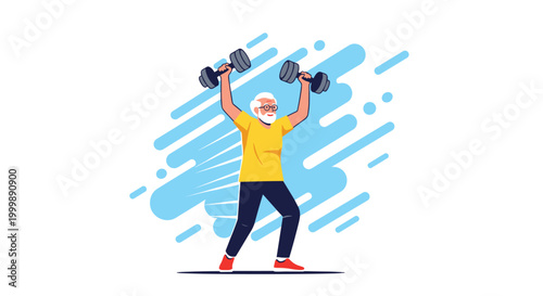Active senior man lifting heavy dumbbells during a workout session with a dynamic blue abstract background behind him.