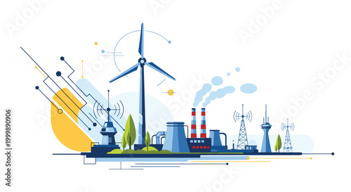 Industrial landscape flat illustration featuring a large wind turbine, factory chimneys, and communication towers.