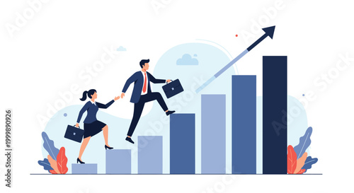 Businessman and businesswoman climbing up a rising bar graph to reach success and achieve their professional goals.