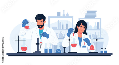 Two professional scientists wearing lab coats and safety goggles conduct chemical experiments in a modern laboratory.