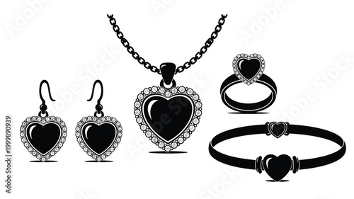 Elegant heart shaped jewelry collection presented in a dark silhouette