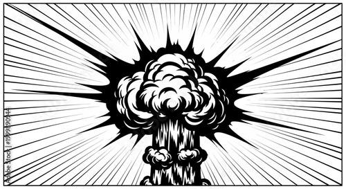 Graphic black and white illustration of a mushroom cloud nuclear explosion.