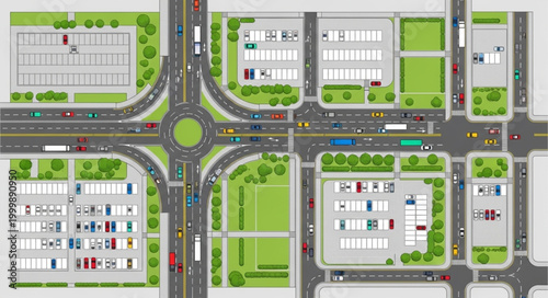 Aerial view of a modern city intersection with traffic and buildings.