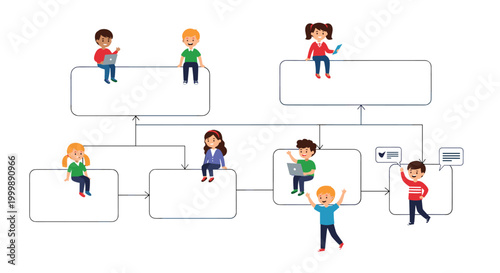 Group of happy school children sitting on white geometric blocks connected by lines in a creative flowchart diagram.