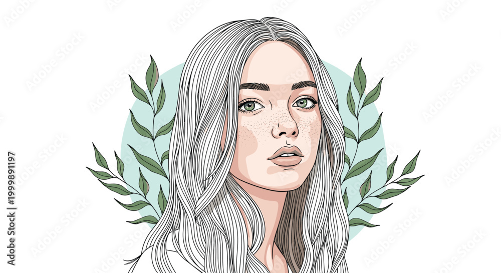 Naklejka premium Detailed portrait of a beautiful girl with freckles and long hair surrounded by green botanical leaves and a circle.