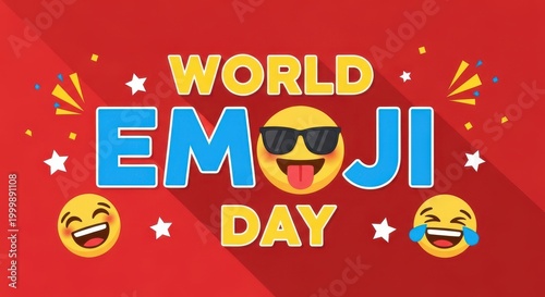 World emoji day celebration banner with laughing and cool emojis on red background