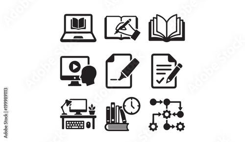 Fotografi E learning and academic study process icons with education learning academic