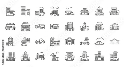 Collection of diverse building icons in a grid layout.