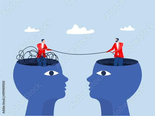 Two human heads silhouette decoding with The opposite mindset chaos and order in thoughts concept. vector illustration