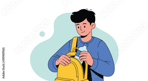 Young boy packing his yellow school backpack and putting a blue water bottle inside to prepare for a day of learning.