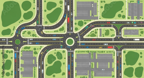 Aerial View of Busy City Intersection with Traffic and Roundabouts.
