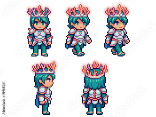 pixel art character spritesheet of a regal sea knight wearing coral-crested armor and a crown, featuring walking and idle animations.