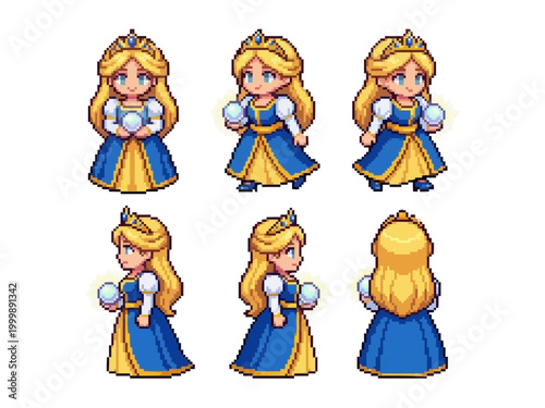 pixel art character spritesheet of a blonde princess in a blue gown holding a glowing magical pearl with various poses.