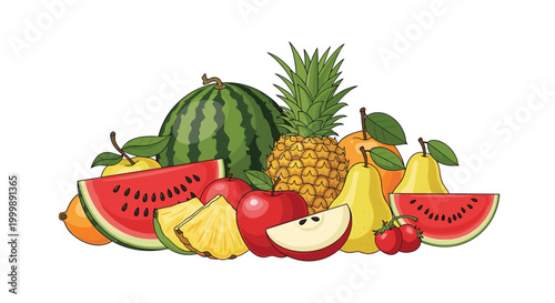 Colorful assortment of fresh tropical fruits including watermelon slices, pineapple, apples, pears, and oranges in a vibrant group arrangement.