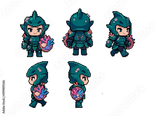 pixel art character spritesheet of a sturdy ocean guardian wearing shark-themed heavy plate armor and carrying a colorful coral shield