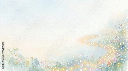 Luminous path of light dots drifts through a serene watercolor garden of delicate blooming flowers