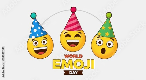 World emoji day celebration with three happy emoji faces wearing colorful party hats
