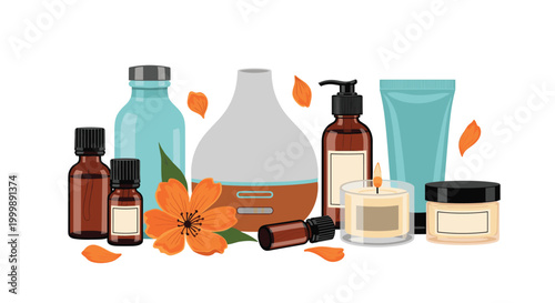 Collection of aromatherapy and spa products including essential oil bottles, an ultrasonic diffuser, scented candle, and skincare tubes.