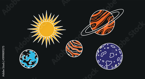 Stylized representation of the solar system featuring the sun and various textured planets against a dark cosmic space background image.