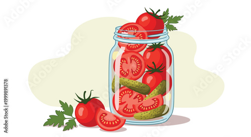Glass jar filled with pickled sliced tomatoes and cucumbers accompanied by fresh garden vegetables and parsley sprigs on a light background.