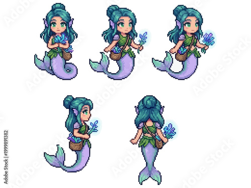 pixel art character spritesheet of a mermaid with purple tail gathering glowing blue underwater plants and carrying a woven basket.