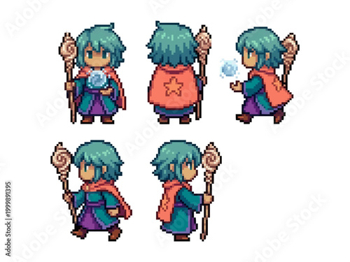 pixel art character spritesheet of a mysterious wizard in a teal robe and red cloak holding a conch shell staff.