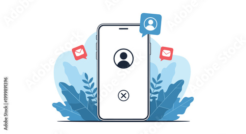 Modern smartphone illustration showing a blank screen surrounded by floating notification bubbles for messages and social media profiles.