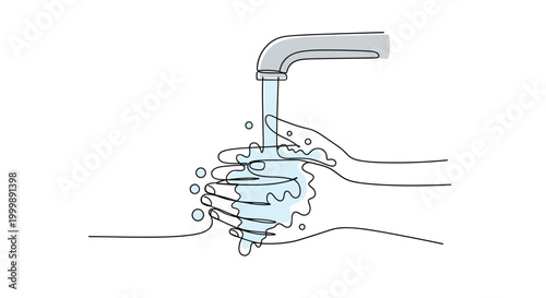 Continuous line drawing of human hands being washed under a stream of water from a faucet to represent hygiene and cleanliness practices.