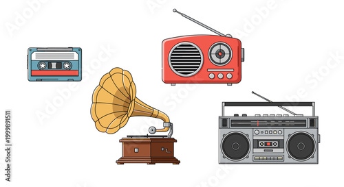 Group of vintage audio equipment illustrations including a cassette tape, a classic gramophone, a red radio, and a silver boombox.