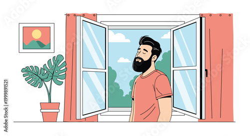 Bearded man standing by an open window and breathing in fresh morning air with a green houseplant on the side table.
