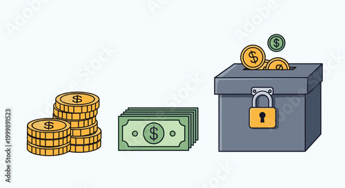 Financial security and savings concept showing stacks of gold coins, bundles of cash, and a grey donation box secured with a lock.