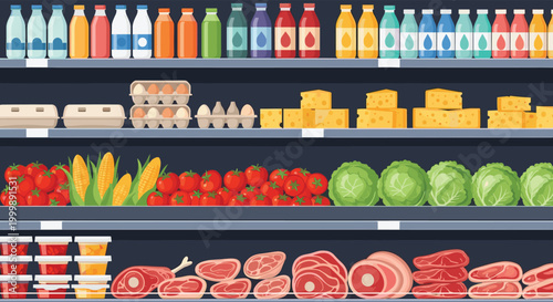 Supermarket shelf display stocked with rows of bottled juices, cartons of eggs, blocks of cheese, fresh vegetables, and meat cuts.