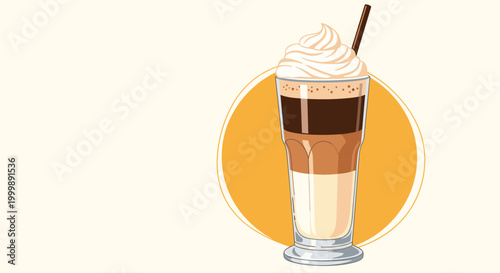 Delicious layered iced coffee drink in a tall glass topped with a generous swirl of whipped cream and a brown drinking straw.