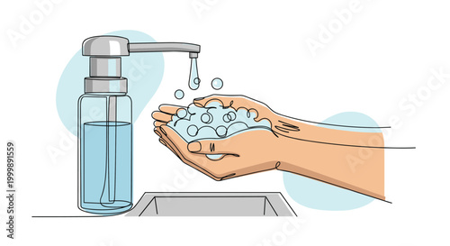 Detailed line art illustration of hands being washed with liquid soap under a running tap to promote hygiene and health safety practices.