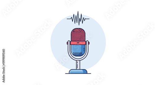 Professional condenser microphone icon with sound wave frequency over a circular background symbolizing podcasting and audio recording sessions.
