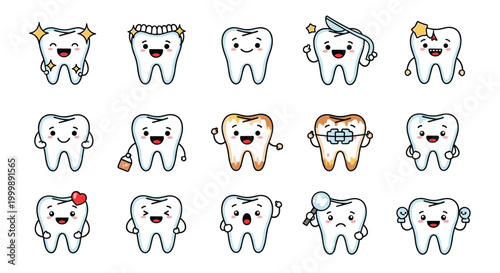 Collection of cute cartoon tooth characters showing various dental conditions including healthy smiles, braces, cavities, and professional cleaning.